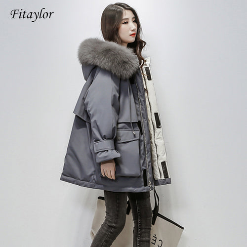 Fitaylor Large Natural Fox Fur Hooded Winter Jacket